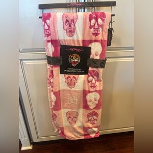 Ed Hardy Pink and White Skull Throw Blanket